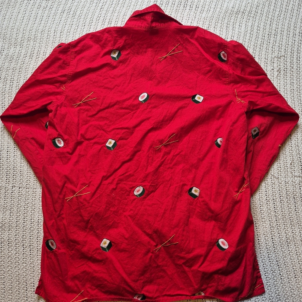 VTG Casey Coleman Shirt Womens L Red Sushi Roll Chopsticks Embroidered Novelty - Picture 2 of 8